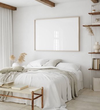 Yatak odasında, İskandinav tarzı, 3 boyutlu bir poster çerçevesi.