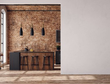 Oturma odası çatı katı, endüstriyel tarzda, 3 boyutlu.