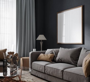 Poster frame mockup in modern dark home interior, 3d render