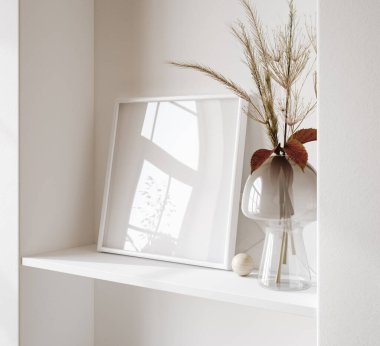 Mock up poster frame close up in living room interior, 3d render