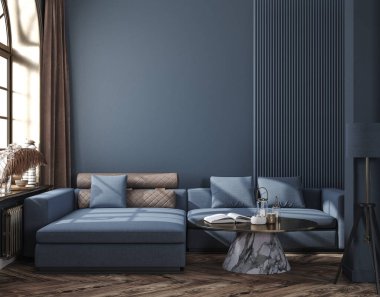 Home interior, modern dark blue living room interior, empty wall mock up, 3d render