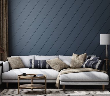 Home mockup, living room interior in dark blue color, 3d render
