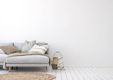 Living room interior background with neutral grey sofa, wall mockup, 3d render