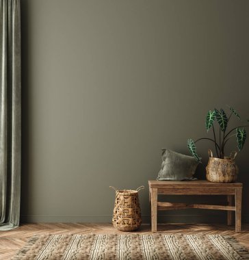 Wall mockup, dark green farmhouse living room interior background, 3d render