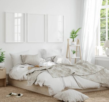 Yatak odasında, İskandinav tarzı, 3 boyutlu bir poster çerçevesi.