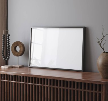 Home interior with ethnic decoration and poster mockup, 3d render