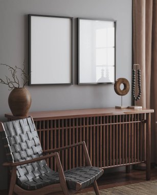 Home interior with ethnic decoration and poster mockup, 3d render