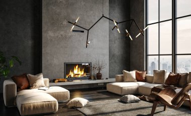 Dark living room loft with fireplace, industrial style, 3d render