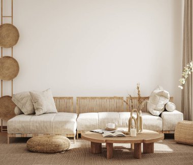 Home interior in japanese style, wall mockup in living room background, 3d render