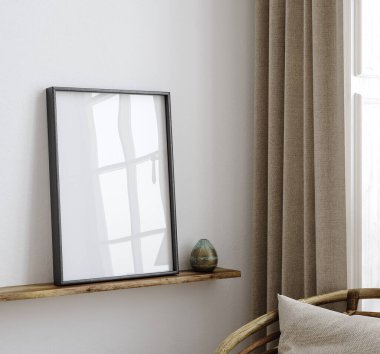 Mock up frame close up in home interior background, white room with natural wooden furniture, 3d render