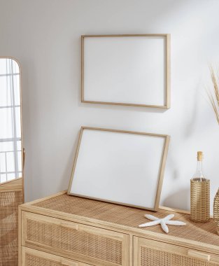 Mockup frame in interior background, room in light pastel colors with rattan furniture, Coastal style, 3d render