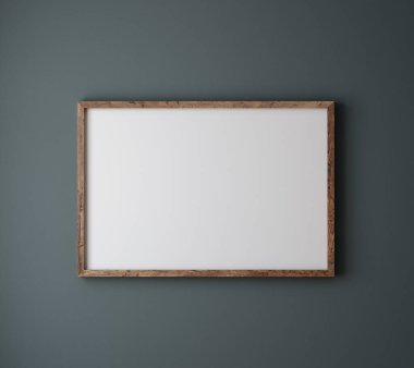 Mock up poster frame close up on dark blue wall, 3d render