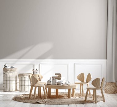 Children room with wooden furniture , wall mockup in interior background, 3D render
