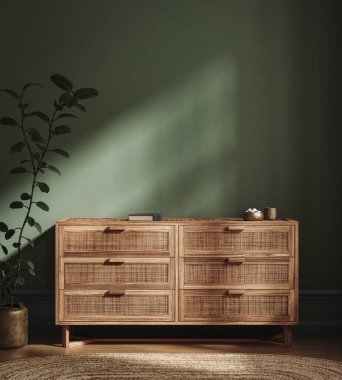 Oturma odasındaki dekorlu klozet, koyu yeşil duvar arka plan, 3 boyutlu görüntüleme