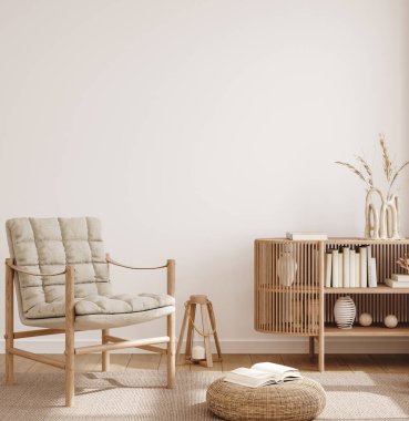 Home interior mockup, living room in pastel colors, 3d render