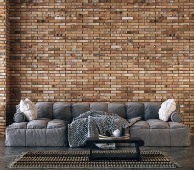 Endüstriyel tarzda oturma odası, 3 boyutlu.