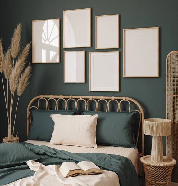 Poster Frame Mockup Dark Blue Bedroom Interior Background Rattan Furniture — Zdjęcie stockowe
