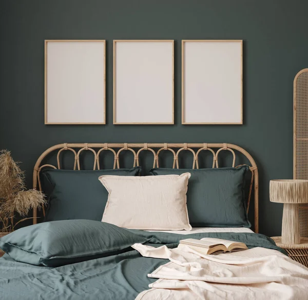 Poster Frame Mockup Dark Blue Bedroom Interior Background Rattan Furniture — Stok fotoğraf