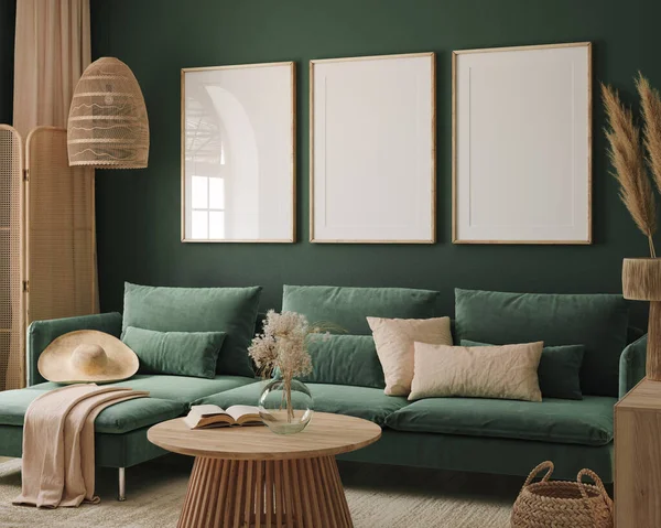 Home Interior Mock Green Sofa Frames Table Decor Living Room — Stock Fotó