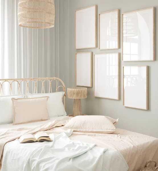 Mockup Frame Bedroom Interior Background Scandi Boho Style Render — Fotografia de Stock