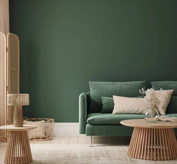 Home Interior Mock Con Divano Verde Tavolo Arredamento Soggiorno Rendering — Foto Stock