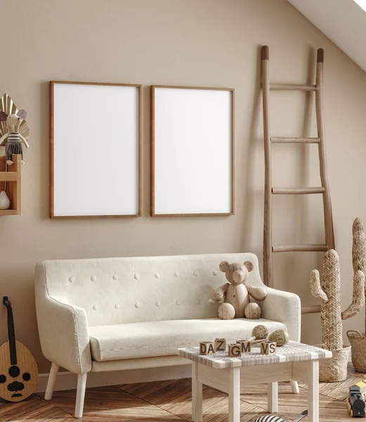 Mockup Frame Cozy Beige Children Room Interior Background Render — Stock Photo, Image
