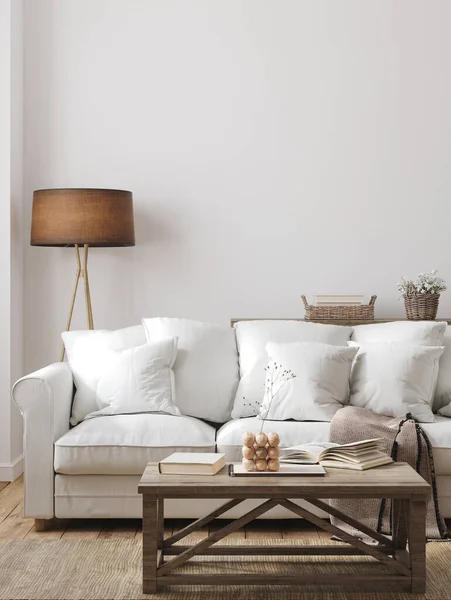 Wall Mock White Simple Farmhouse Living Room Interior Wooden Furniture — 图库照片