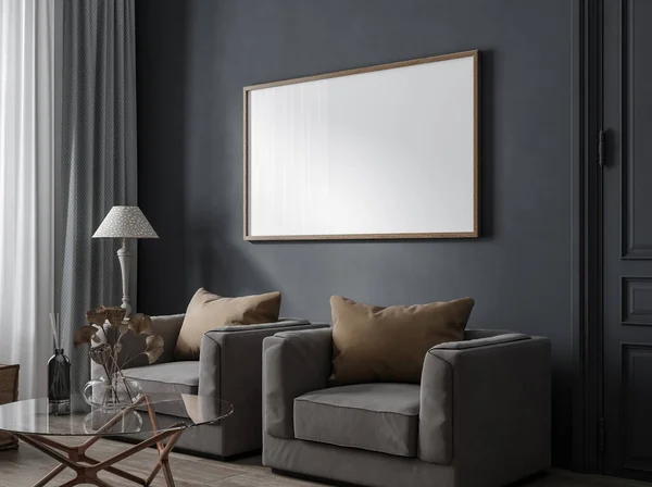 Poster Frame Mockup Modern Dark Home Interior Render — Stok Foto