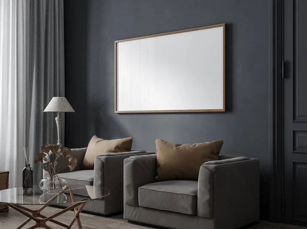 Poster Frame Mockup Modern Dark Home Interior Render — Stock Fotó