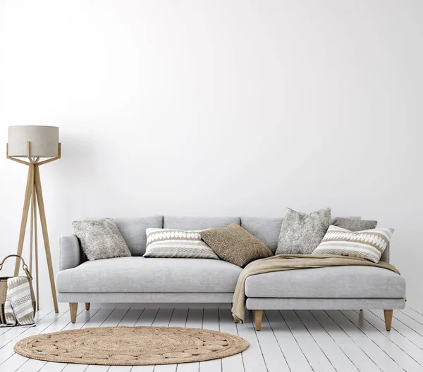 Living Room Interior Background Neutral Grey Sofa Wall Mockup Render — Φωτογραφία Αρχείου