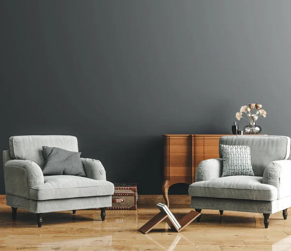 Home Interior Modern Dark Living Room Interior Empty Wall Mock — Zdjęcie stockowe