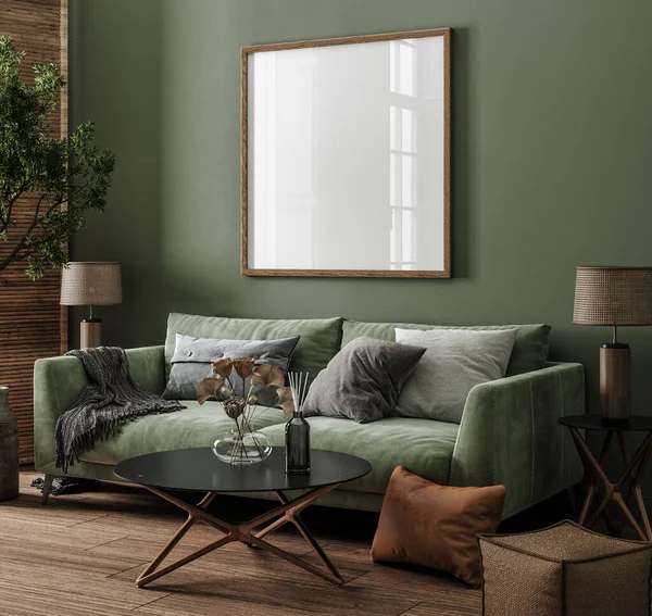 Mock-up square frame in dark green furnished home interior background, 3d render