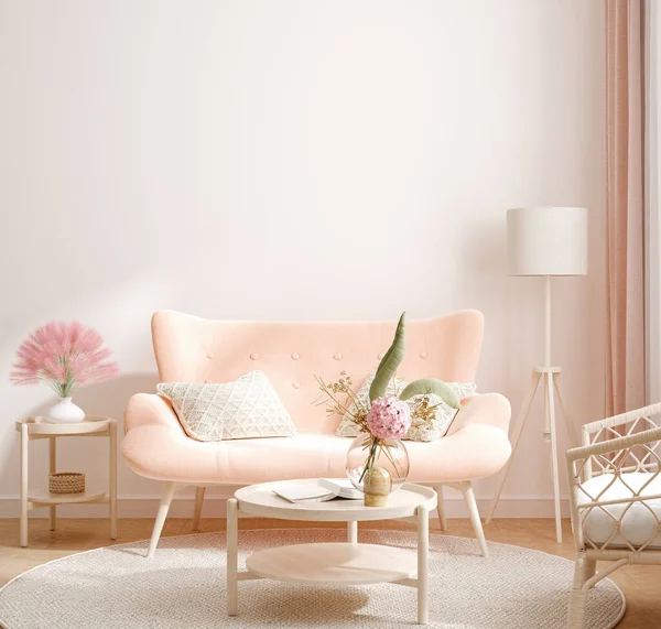 Home interior, room in light pastel colors, Scandi-Boho style, 3d render