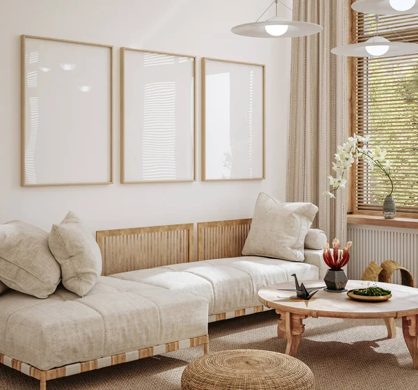 Home Interior Japanese Style Frame Mockup Living Room Background Render — Zdjęcie stockowe