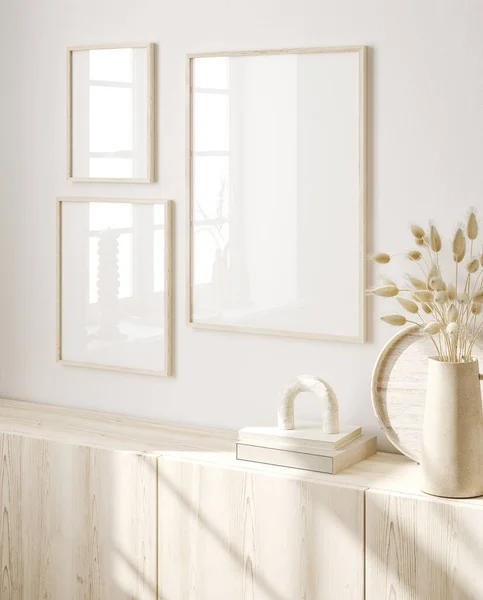 ホームインテリアの背景にフレームをモックアップ 天然木の家具付きの白い部屋 Scandi Booスタイル 3Dレンダリング — ストック写真
