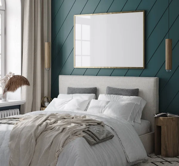 Mockup Frame Modern Bedroom Interior Background Render — Stok fotoğraf