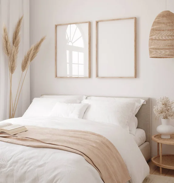 Mockup Frame Bedroom Interior Background Room Light Pastel Colors Render — Stockfoto