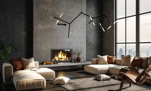 Dark Living Room Loft Fireplace Industrial Style Render — Stok fotoğraf