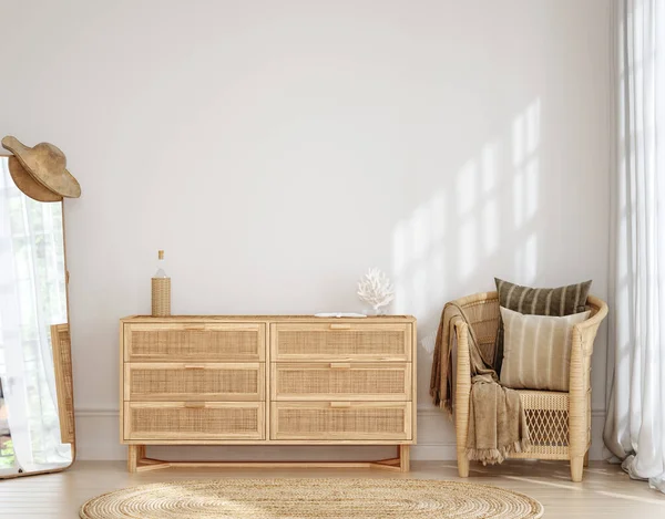Home Mockup Bedroom Interior Background Rattan Furniture Blank Wall Coastal — Stockfoto