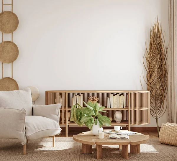 Home Interior Mockup Living Room Pastel Colors Wooden Furniture Render — Stockfoto