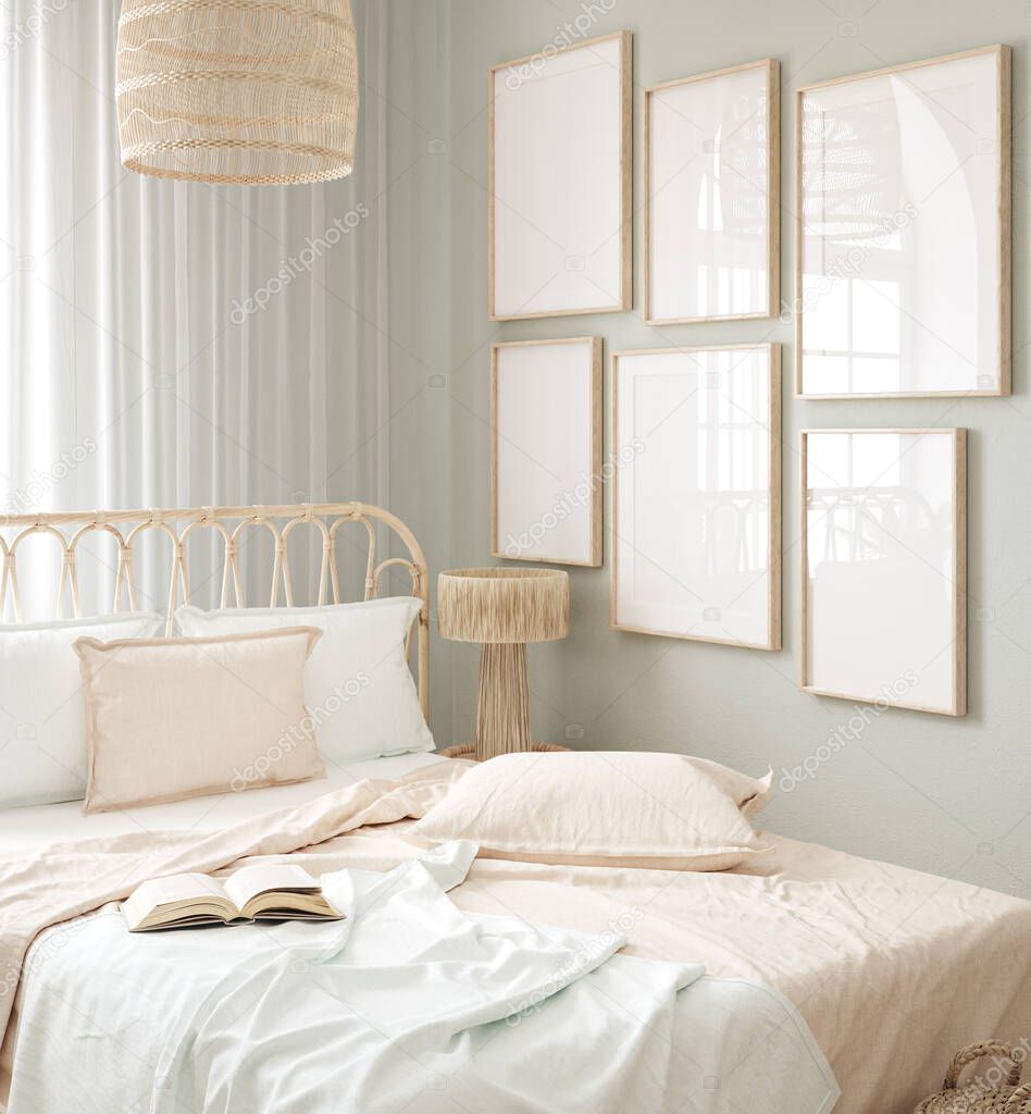 Mockup frame in bedroom interior background, Scandi-Boho style, 3d render
