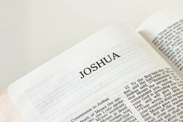 Joshua Bible beyaz arka plan üzerine açık bir kitap. - Yakın çekim. Eski Ahit 'i okuyorum. İnanç, inanç ve Tanrı 'ya ve İsa Mesih' e güven. Hıristiyan İncili kavramı.