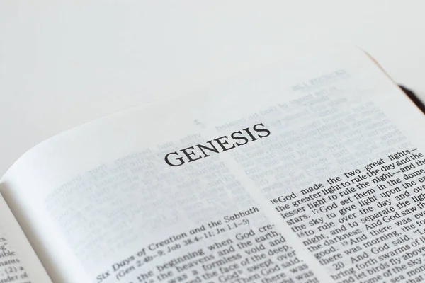 Księga Rodzaju Otwórz Biblię Bliska Stary Testament Pismo Dla Stworzenia — Zdjęcie stockowe