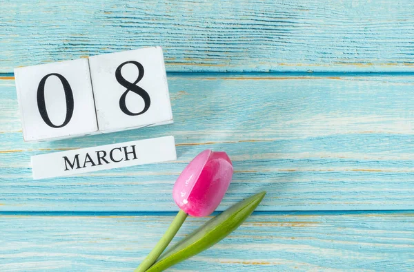 März Datum Auf Weißen Würfeln Mit Rosa Tulpenblüte Auf Hellblauem — Stockfoto