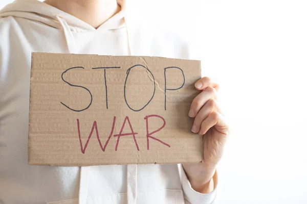 Female Holding Sign Poster Handwritten Message Quote Stop War Isolated — Stock Photo, Image