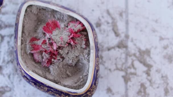 Kırmızı Karanfil Çiçeğinin Küllerini Yakılmış Odun Tozuyla Dolu Eski Moda — Stok video