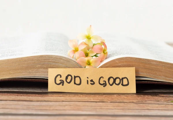 God Good Handwritten Quote Text Open Holy Bible Book Golden — Fotografia de Stock