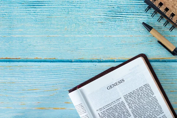 Genesis Bible Book Wood Table Background Copy Space Text Christian — Fotografia de Stock