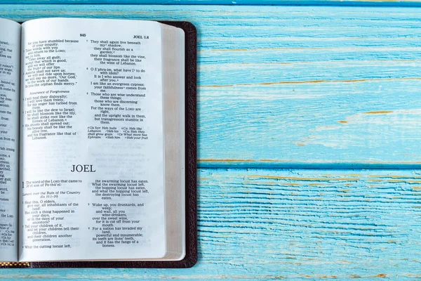 Joel Open Holy Bible Book Rustic Wooden Background Copy Space —  Fotos de Stock