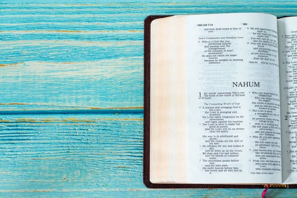 Nahum Open Holy Bible Book Rustic Wooden Background Copy Space — Stockfoto